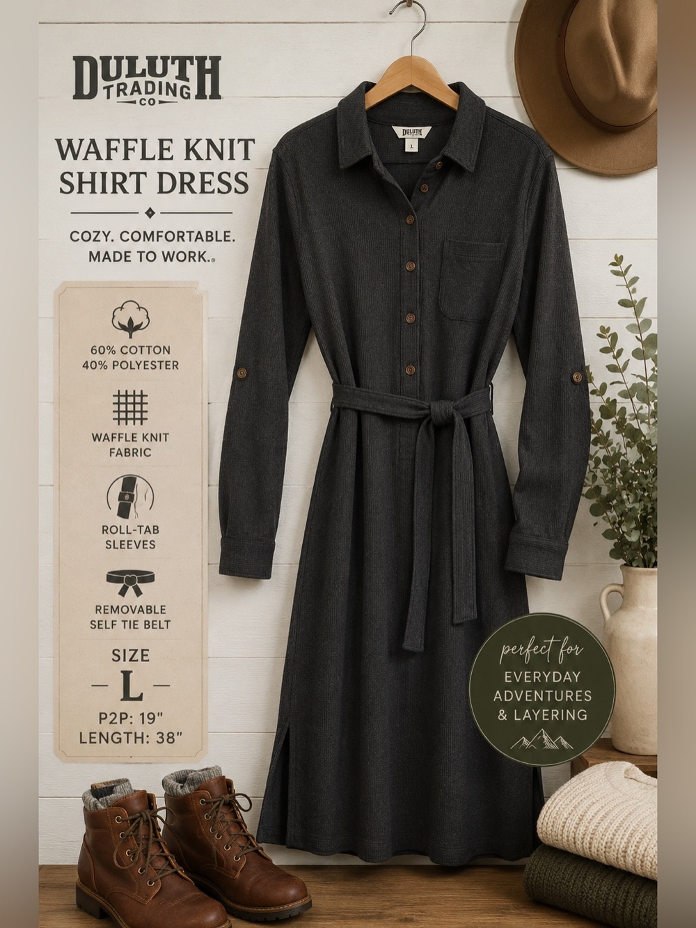 Duluth Trading Co Women’s L Charcoal Waffle Knit Belted Shirt Dress Midi